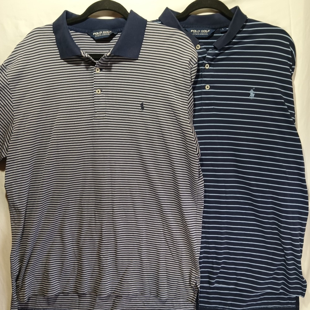 Polo Ralph Lauren Gold Shirt Lot Of 2 Mens Large Blue Stripes. 100% Pima Cotton